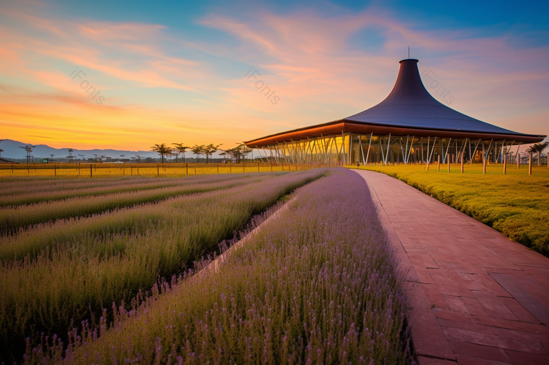 夕阳下种满绿植的独特建筑机场公园美丽湾厦,高清,摄影图,摄影图片,图片大全,摄影图免费下载
